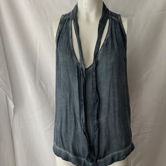 Free People Denim Blue Gray color High Low Tie Neck Sleeveless V-Neck Tank Sz XS - Picture 2 of 9